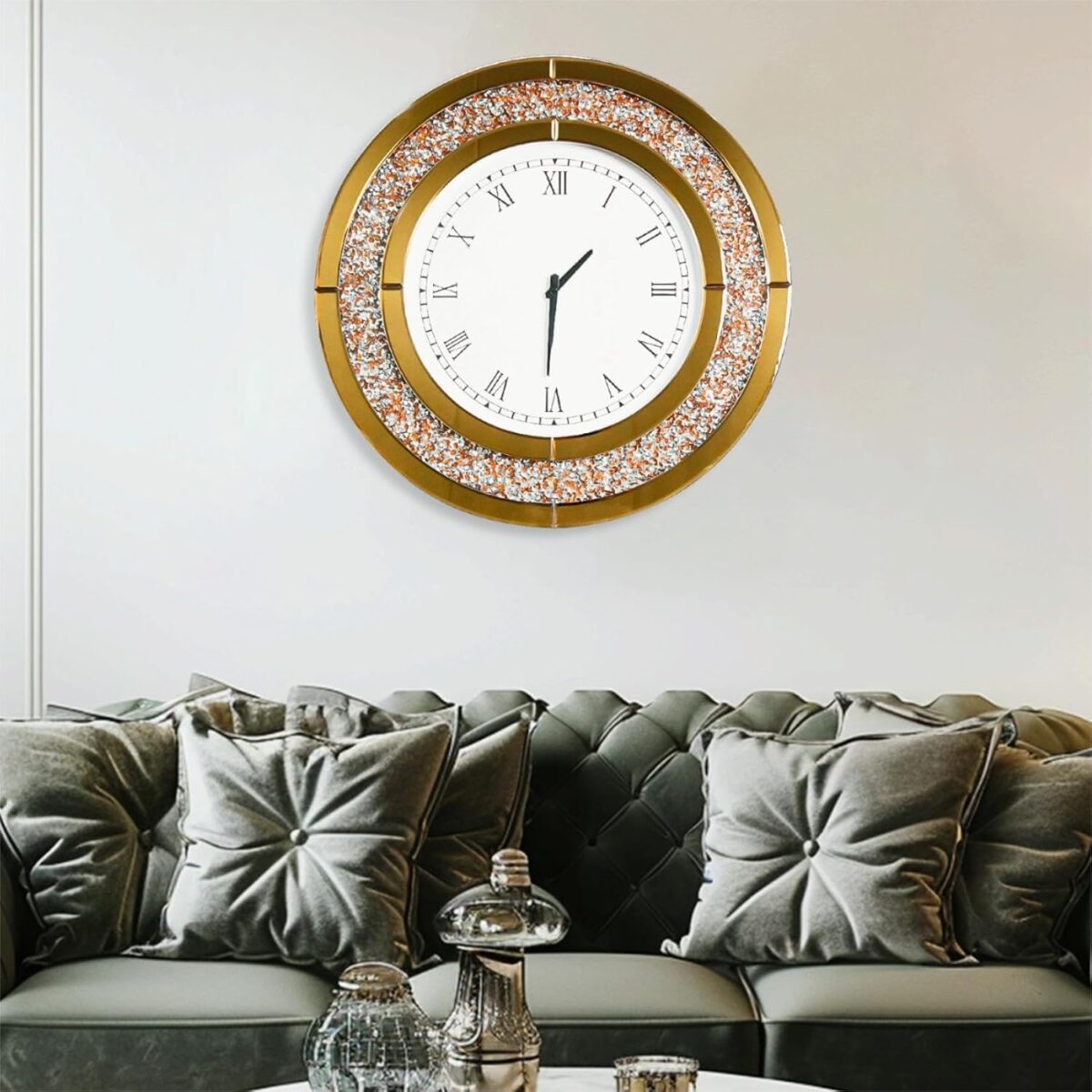 Horloge murale Artloge Crushed Diamond  horloge miroir décorative ronde avec cadre en miroir biseauté en verre marron – Image 3