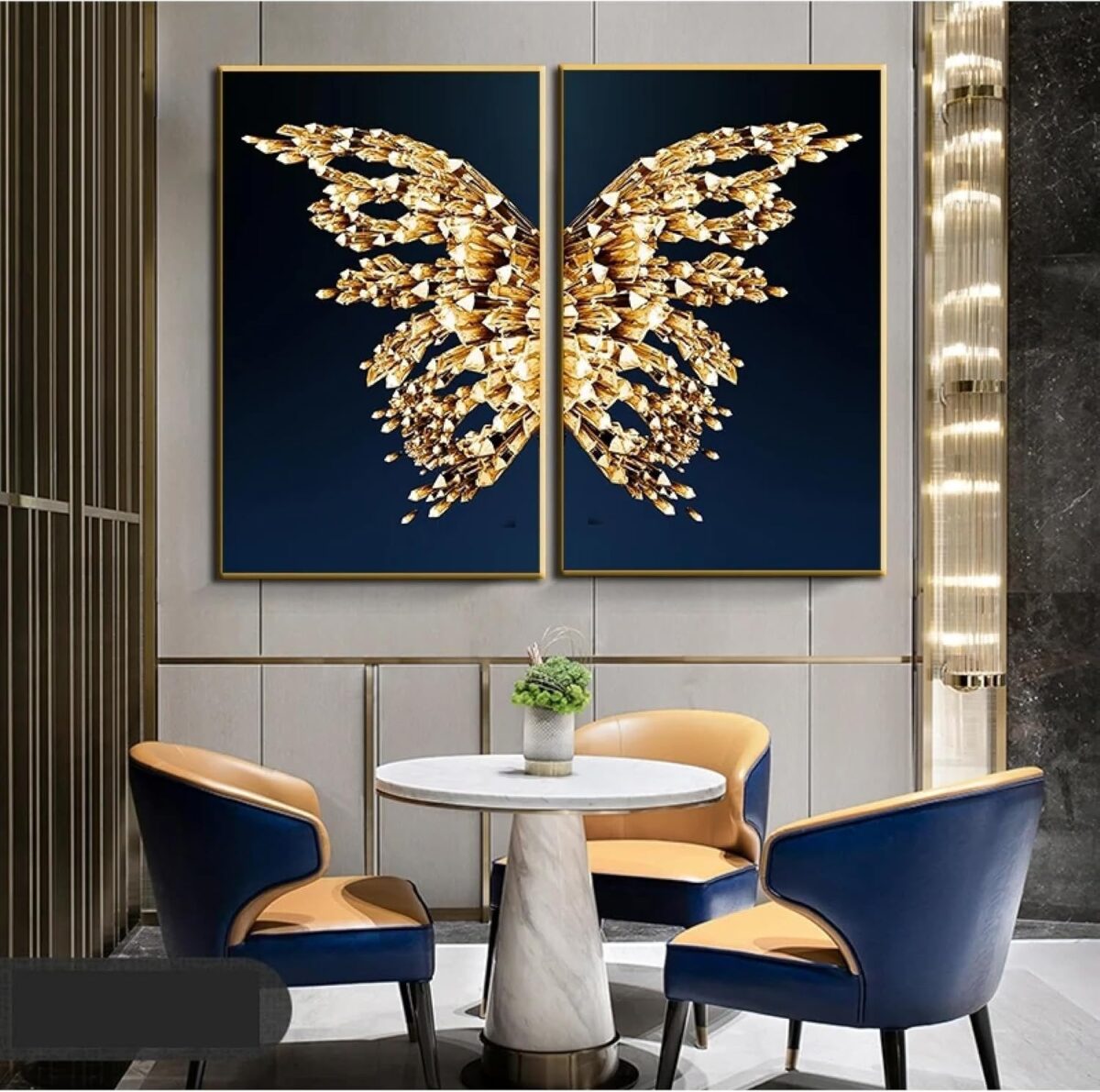 Peinture sur toile de fond bleu moderne papillon doré abstrait pour salon décoration murale – Image 1