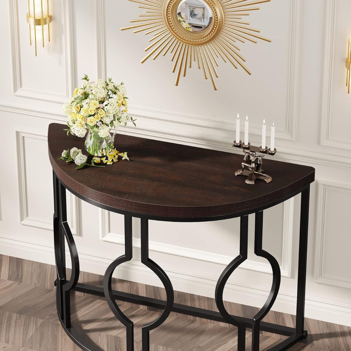 Table console demi-lune LITTLE TREE de 43 pouces pour entrée, table de canapé semi-circulaire industrielle, table d'appoint en bois – Image 2
