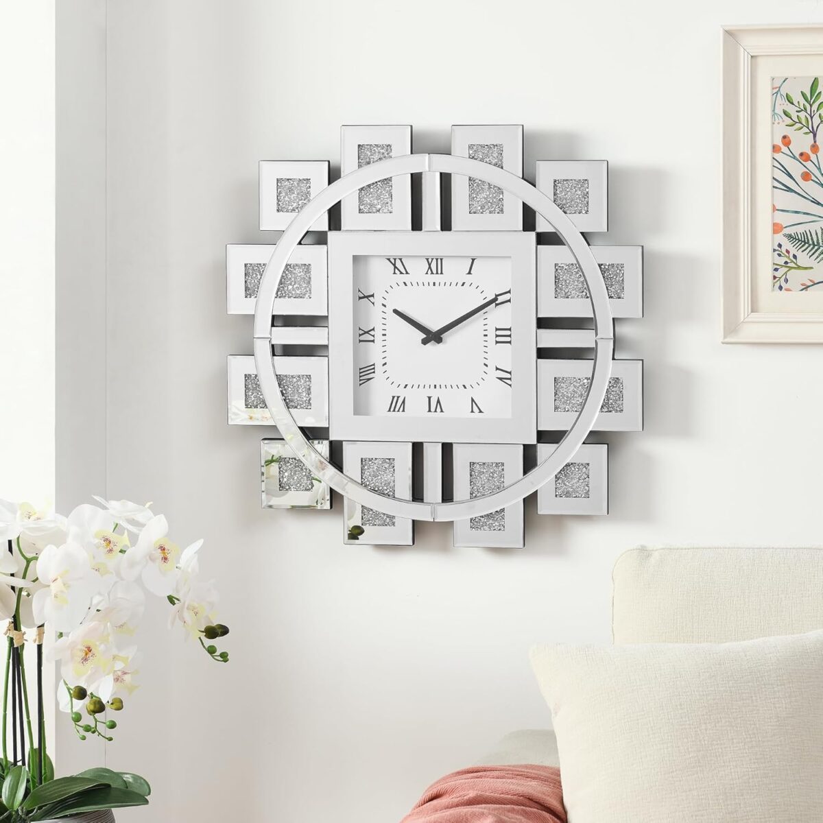 Horloge murale élégante avec chiffres romains et imitation de pierres précieuses, finition miroir, design moderne – Image 1