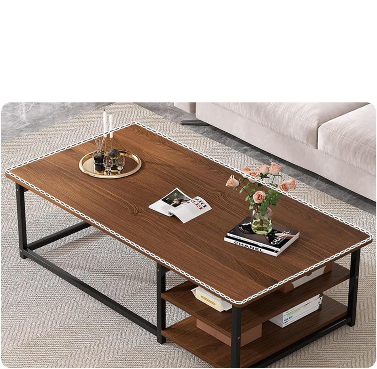 Table Basse Rectangulaire Moderne – Design Italien Style Nordique, Plateau Marron et Structure en Fer, Idéale pour Petits Espaces – Image 2