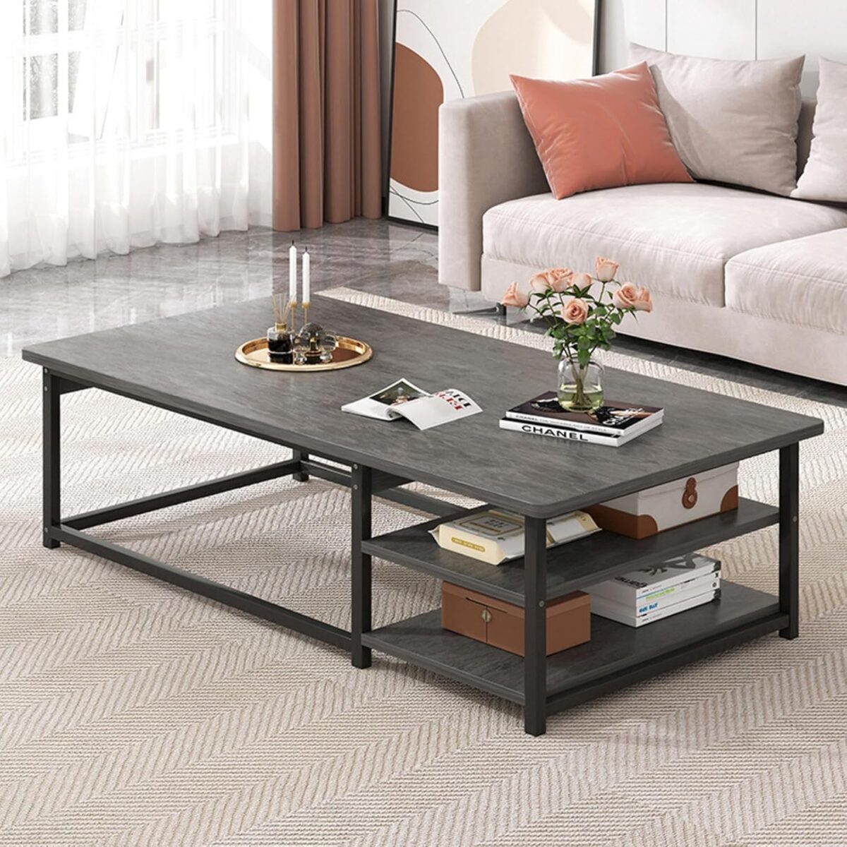 Table Basse Rectangulaire Moderne – Design Italien Style Nordique, Plateau Marron et Structure en Fer, Idéale pour Petits Espaces – Image 7
