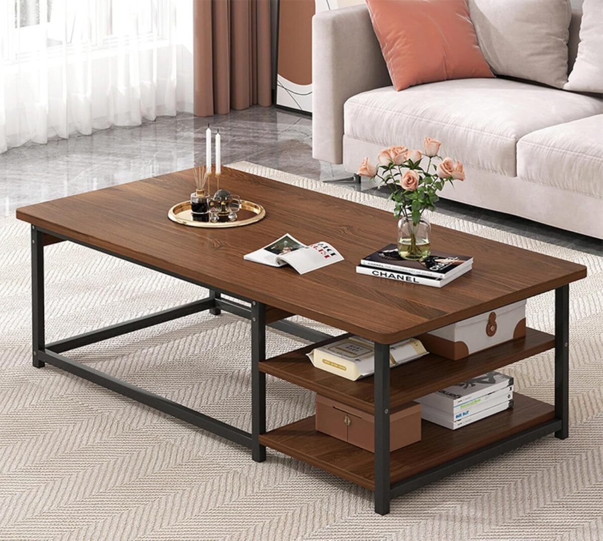Table Basse Rectangulaire Moderne – Design Italien Style Nordique, Plateau Marron et Structure en Fer, Idéale pour Petits Espaces – Image 1