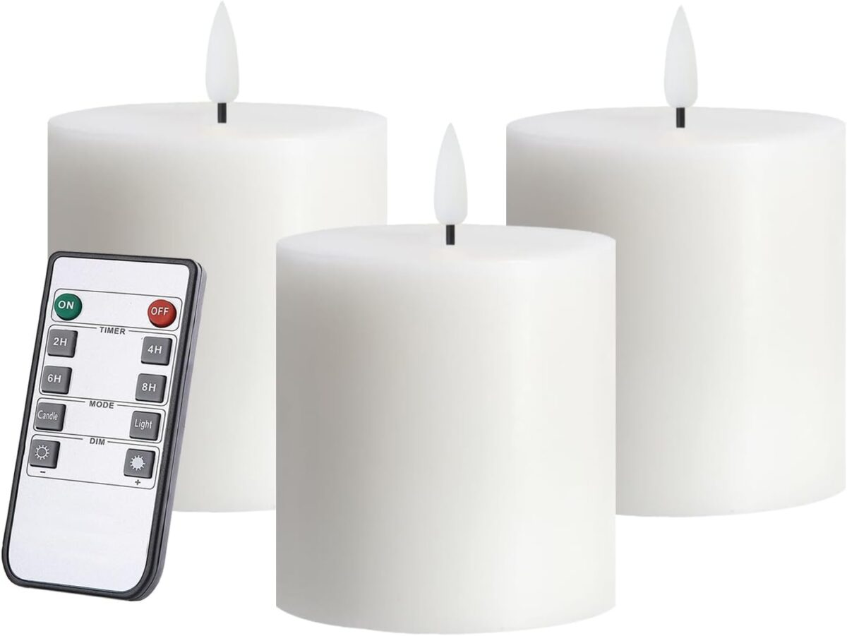 Bougies LED à piles avec télécommande et minuterie pour cheminée, chambre à coucher, salon, fête Piliers à intensité variable Dessus plat – Image 2