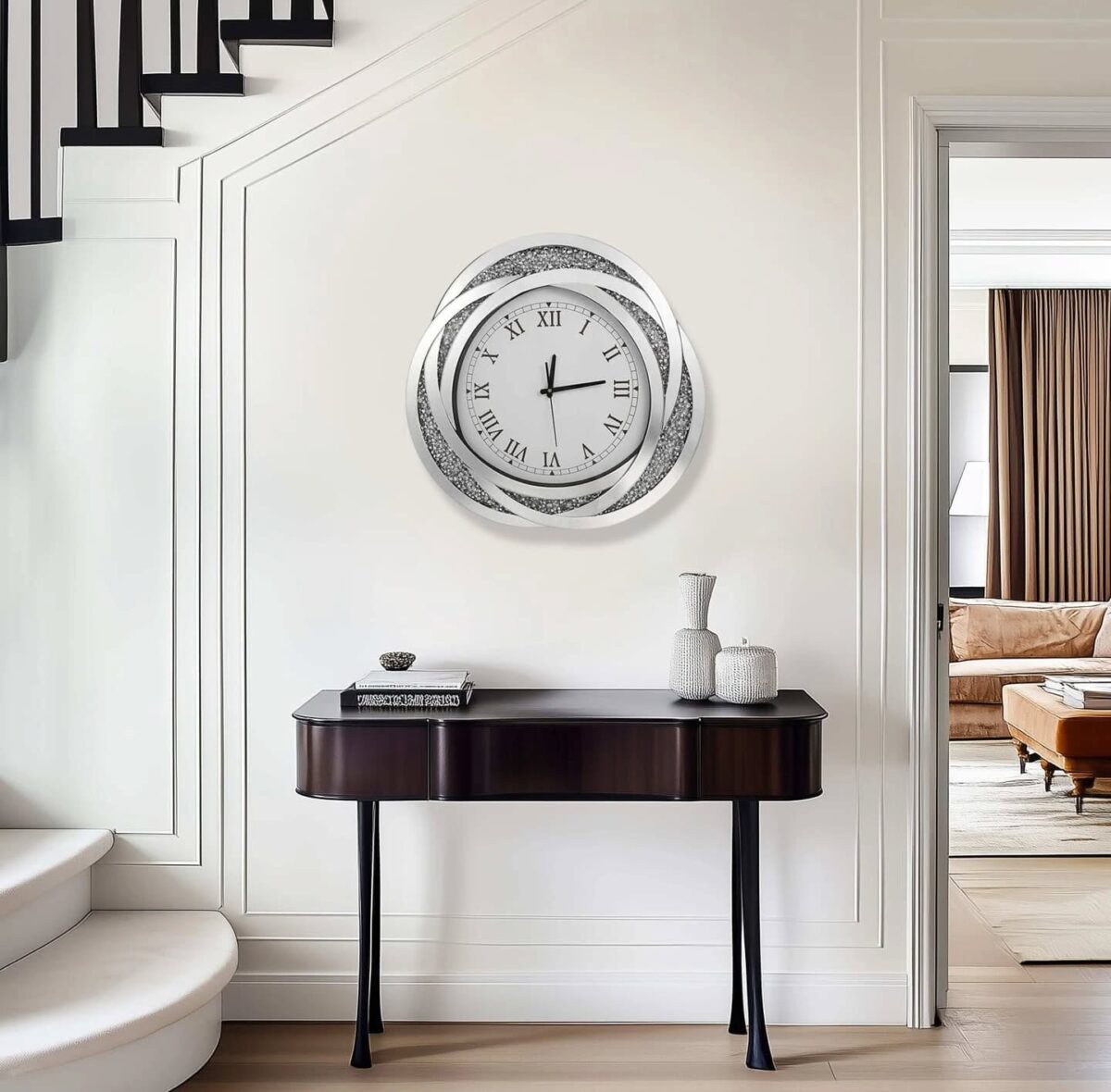 Horloge Murale Artloge Crushed Silver – Élégance Ovale en Miroir et Cristaux Argentés – Image 3