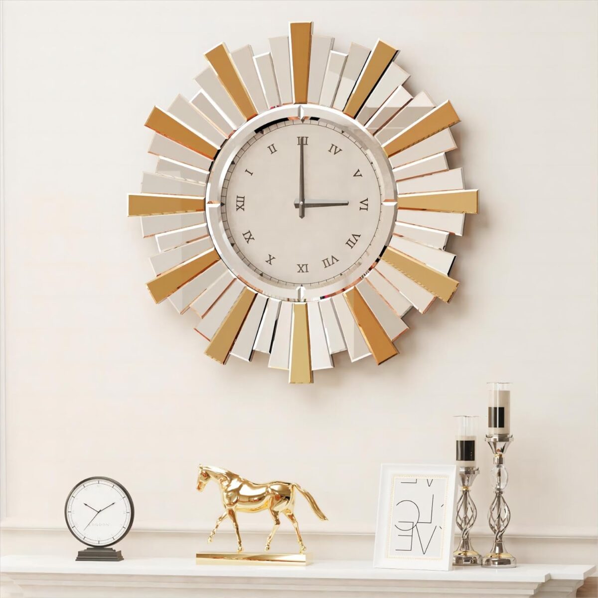 Horloge murale ronde miroir Artloge  grande horloge murale décorative avec bord et cadre arrière en cristal biseauté et brillant, décoration artistique moderne – Image 5