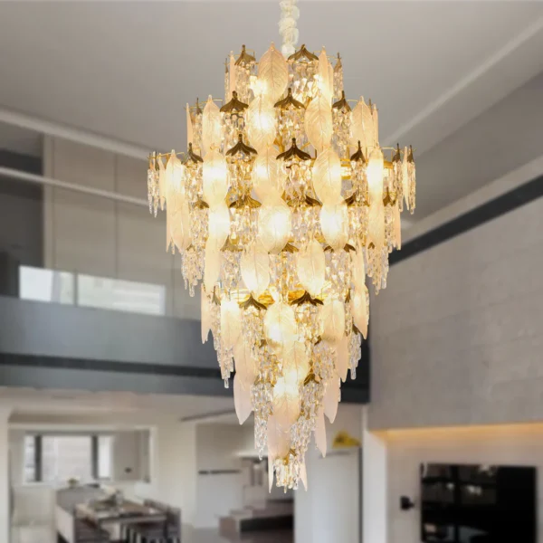 Lustre Moderne en Verre et Porcelaine – Feuilles Artistiques & Cristal LED Intégré