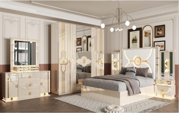Chambre à Coucher Prestige – Blanc & Or Élégance