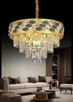Lustre Moderne en Cristal Luminaire Finition or, Lampe Pendante Ronde en Cristal