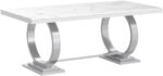 Table à manger de luxe en acier inoxydable imitation marbre pierre design table de salle à mange – Image 3