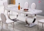 Table à manger de luxe en acier inoxydable imitation marbre pierre design table de salle à mange – Image 4