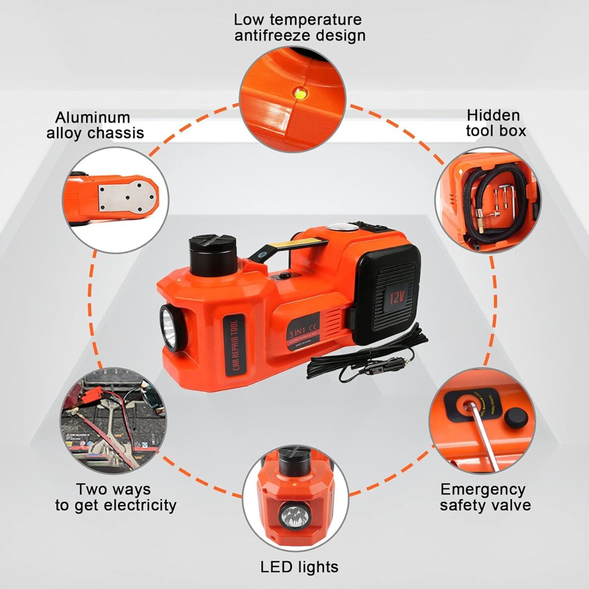 Kit de cric électro-hydraulique, avec clé à choc, 13,5 à 45 mm, pour les véhicules tout terrain et ceux de 5 tonnes au maximum, avec lampe de poche – Image 4