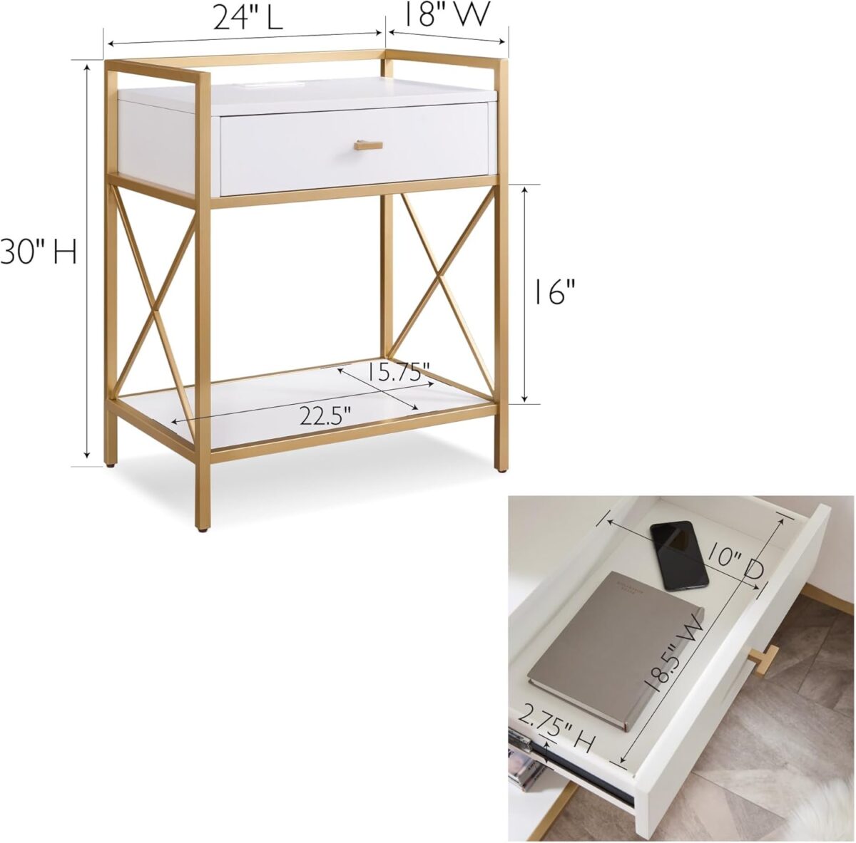 Table de chevet en métal doré et bois Leick Furniture Home, blanche – Image 5