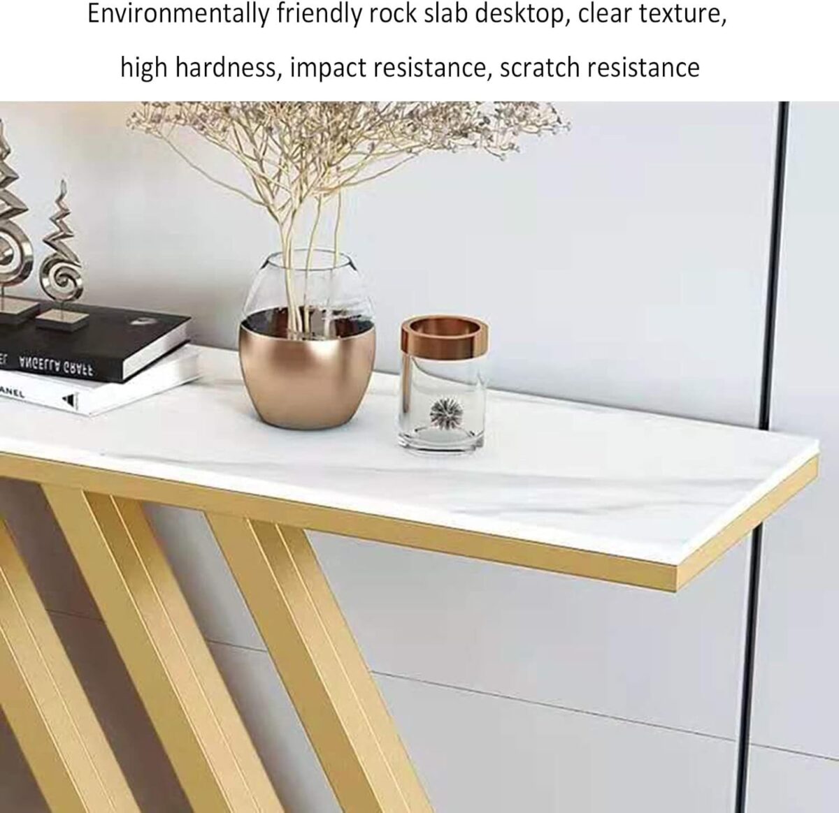 Table Console Table Console Moderne, Table de canapé géométrique de 31,4 Pouces, avec Plateau en marbre et Base en méta – Image 2