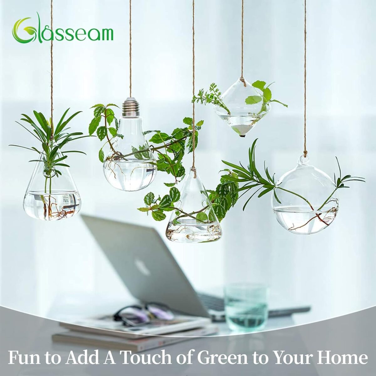 Jardinières Suspendues en Verre Récipients pour Plantes Aquatiques Terrarium Intérieur Extérieur 2 Trous 5 PiècesEnsemble avec des Cordes Corde... – Image 3