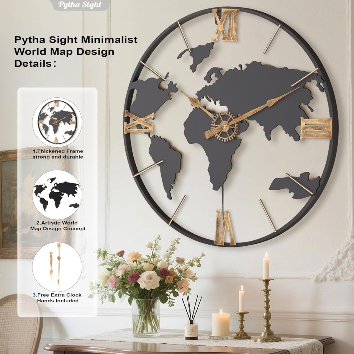 grande horloge murale de 61 cm au style moderne séduit par son design raffiné et son cadre en métal doré – Image 5