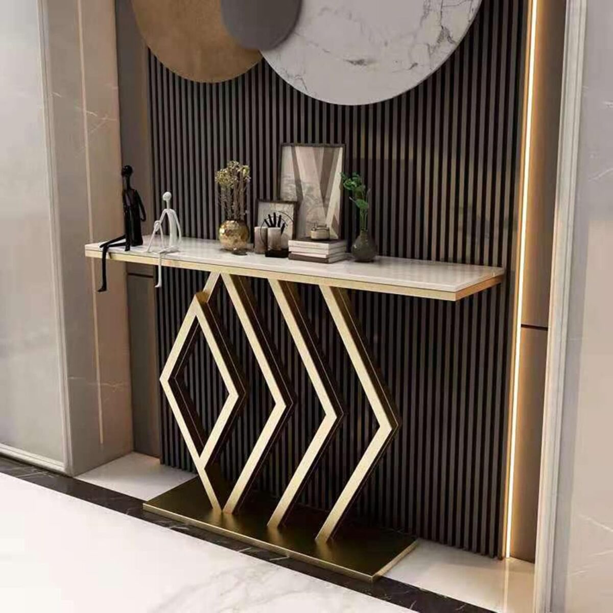 Table Console Table Console Moderne, Table de canapé géométrique de 31,4 Pouces, avec Plateau en marbre et Base en méta – Image 5