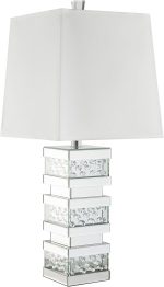 Lampe de Table Carrée Contemporaine – Socle Miroir, Pied Blanc et Transparent, Accent Argenté – Image 5
