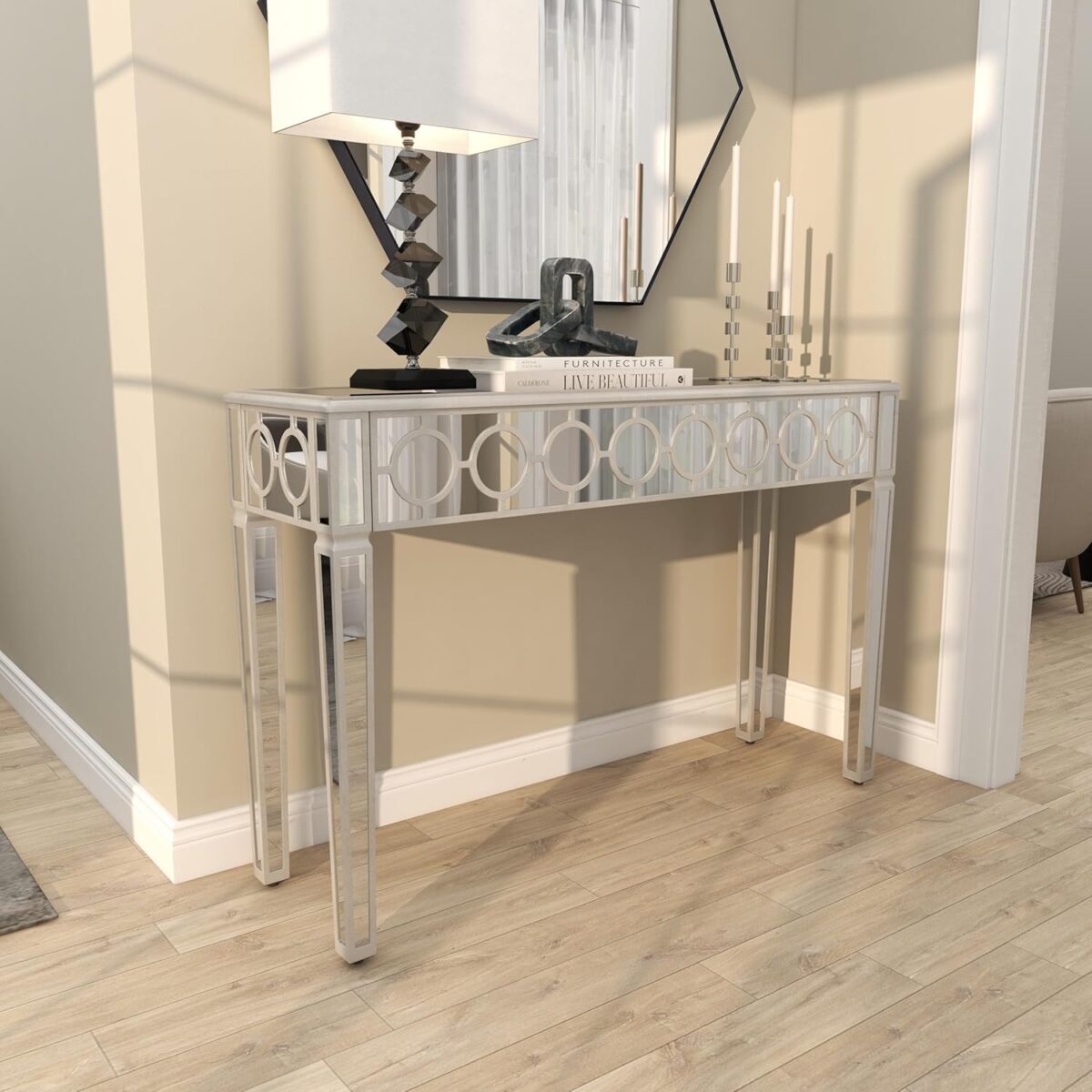 Console géométrique en bois Deco  avec panneau circulaire incrusté argent – Image 2