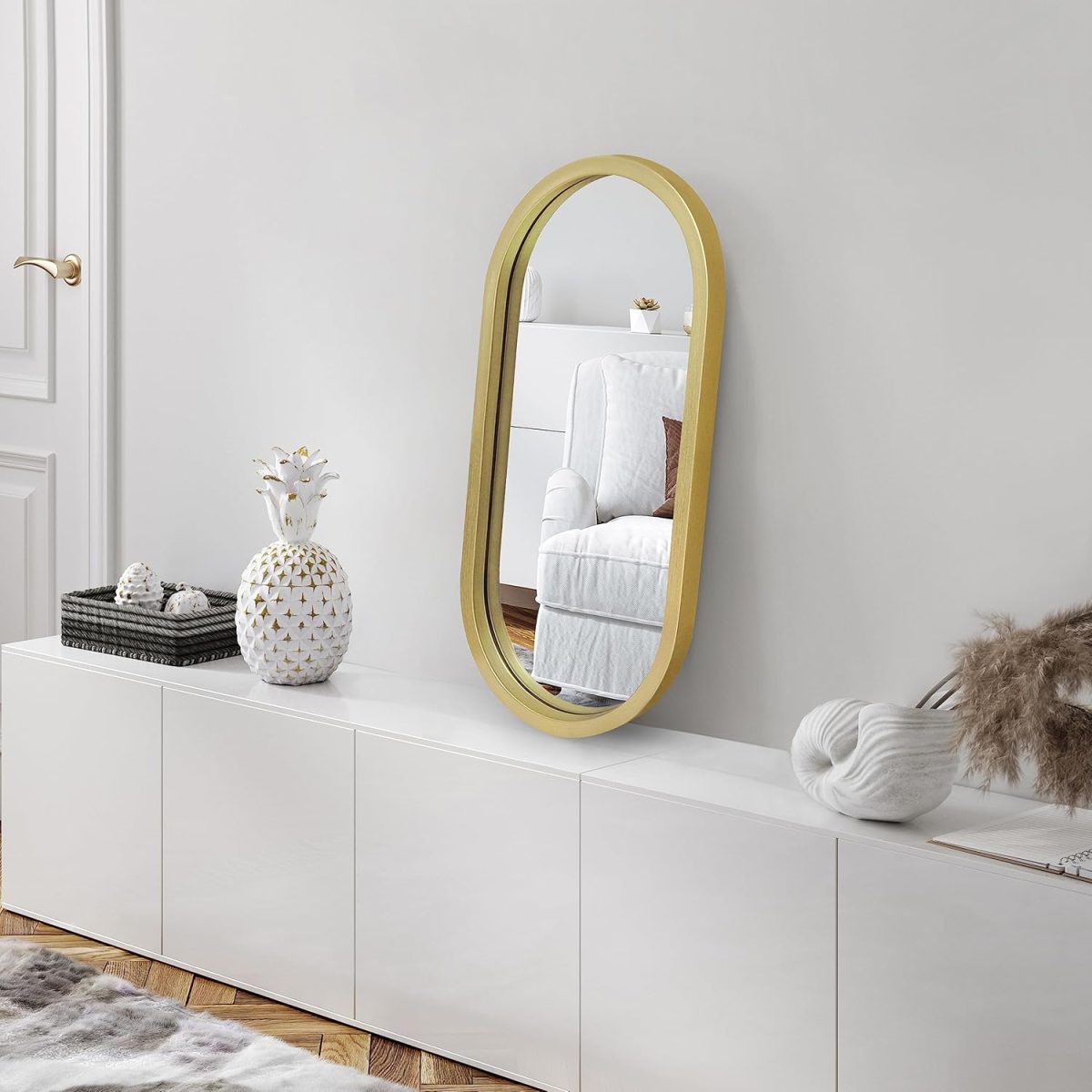 Americanflat Miroir Mural Ovale Doré Décoration Murale pour Salle de Bain, Salon, Chambre avec Cadre Large, Arrondi, Moderne et Fixation Verticale – Image 4