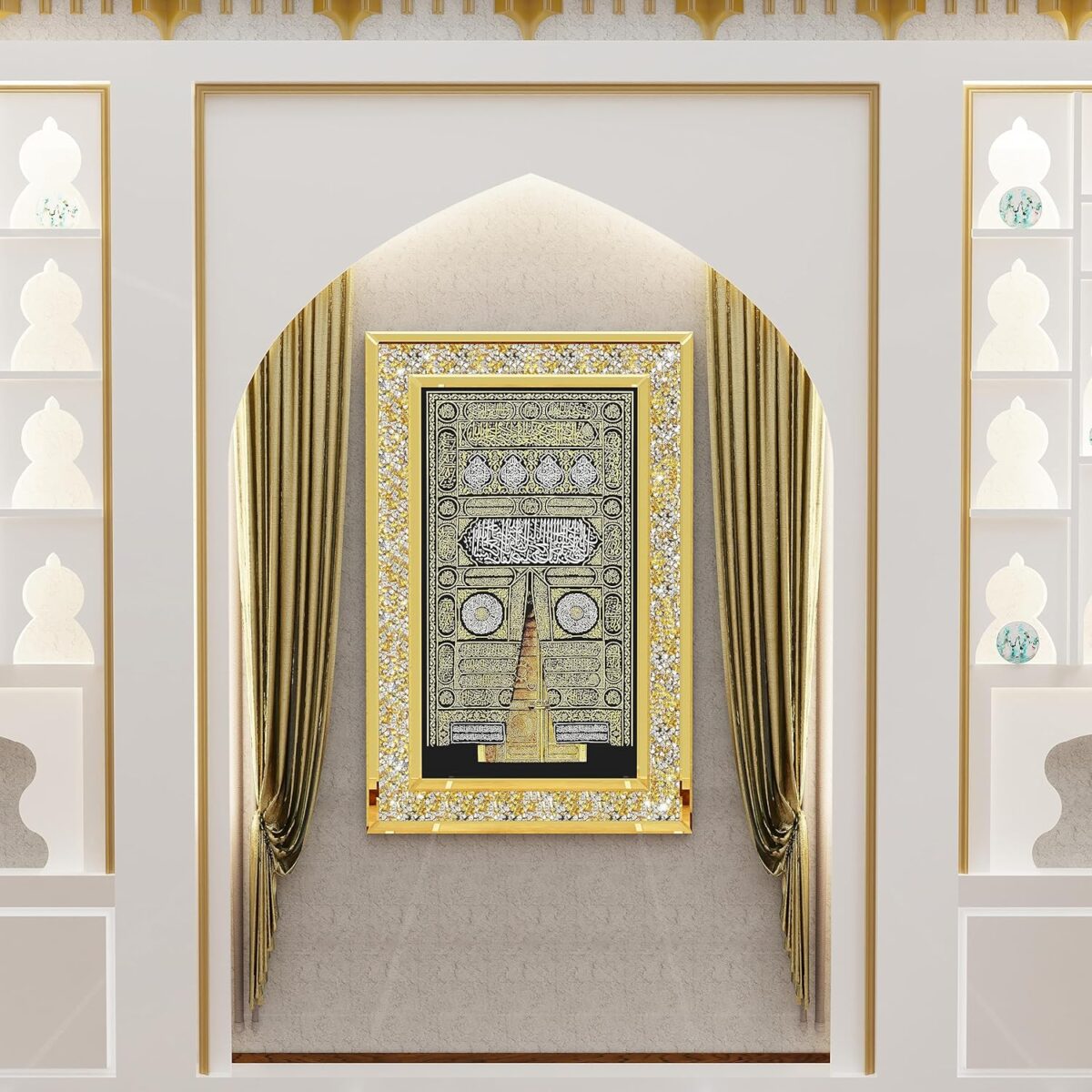 Décoration murale Makkah Kaaba avec diamants en cristal concassé scintillants Miroir mural intégré pour salle de prière... – Image 1