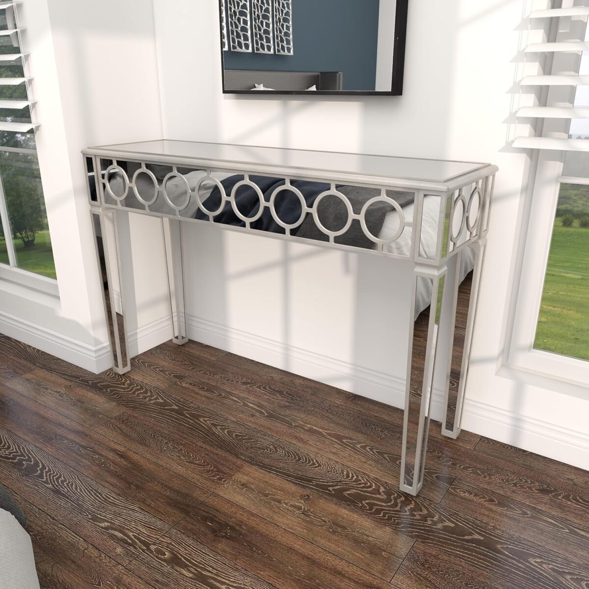 Console géométrique en bois Deco  avec panneau circulaire incrusté argent – Image 4