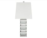 Lampe de Table Carrée Contemporaine – Socle Miroir, Pied Blanc et Transparent, Accent Argenté
