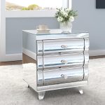 ENENE Table de chevet miroir avec 3 tiroirs en verre  argenté (45,7 x 41,9 x 55 cm)