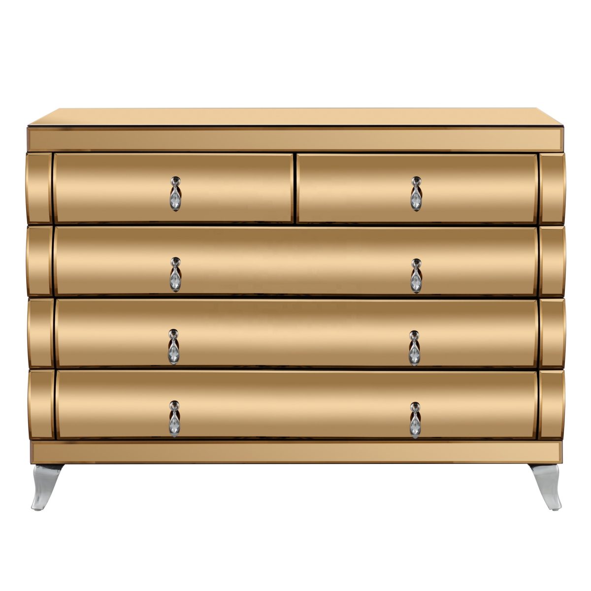 Commode 5 Tiroirs en Miroir Doré – Chic et Moderne avec Pieds Argentés – Image 1