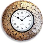 Horloge Murale Décorative Vintage – Doré avec Cadran Romain et Pièces de Monnaie en Laiton