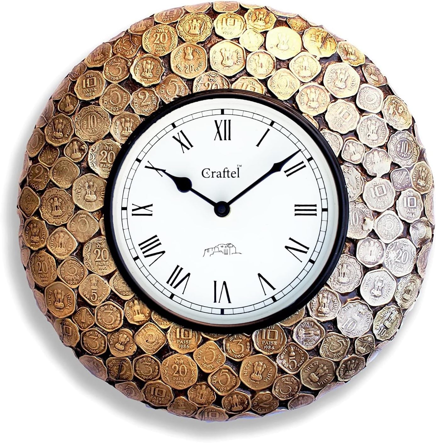 Horloge Murale Décorative Vintage – Doré avec Cadran Romain et Pièces de Monnaie en Laiton – Image 1