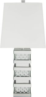 Lampe de Table Carrée Contemporaine – Socle Miroir, Pied Blanc et Transparent, Accent Argenté – Image 4