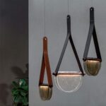 Lustre au design nordique, abat-jour géométrique en verre, lustre simple avec décoration en cuir – Image 4
