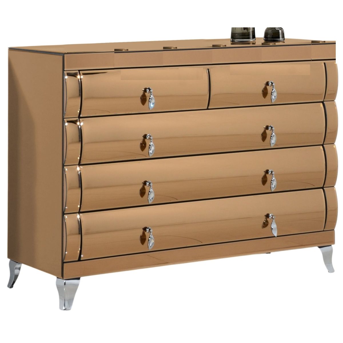 Commode 5 Tiroirs en Miroir Doré – Chic et Moderne avec Pieds Argentés – Image 3