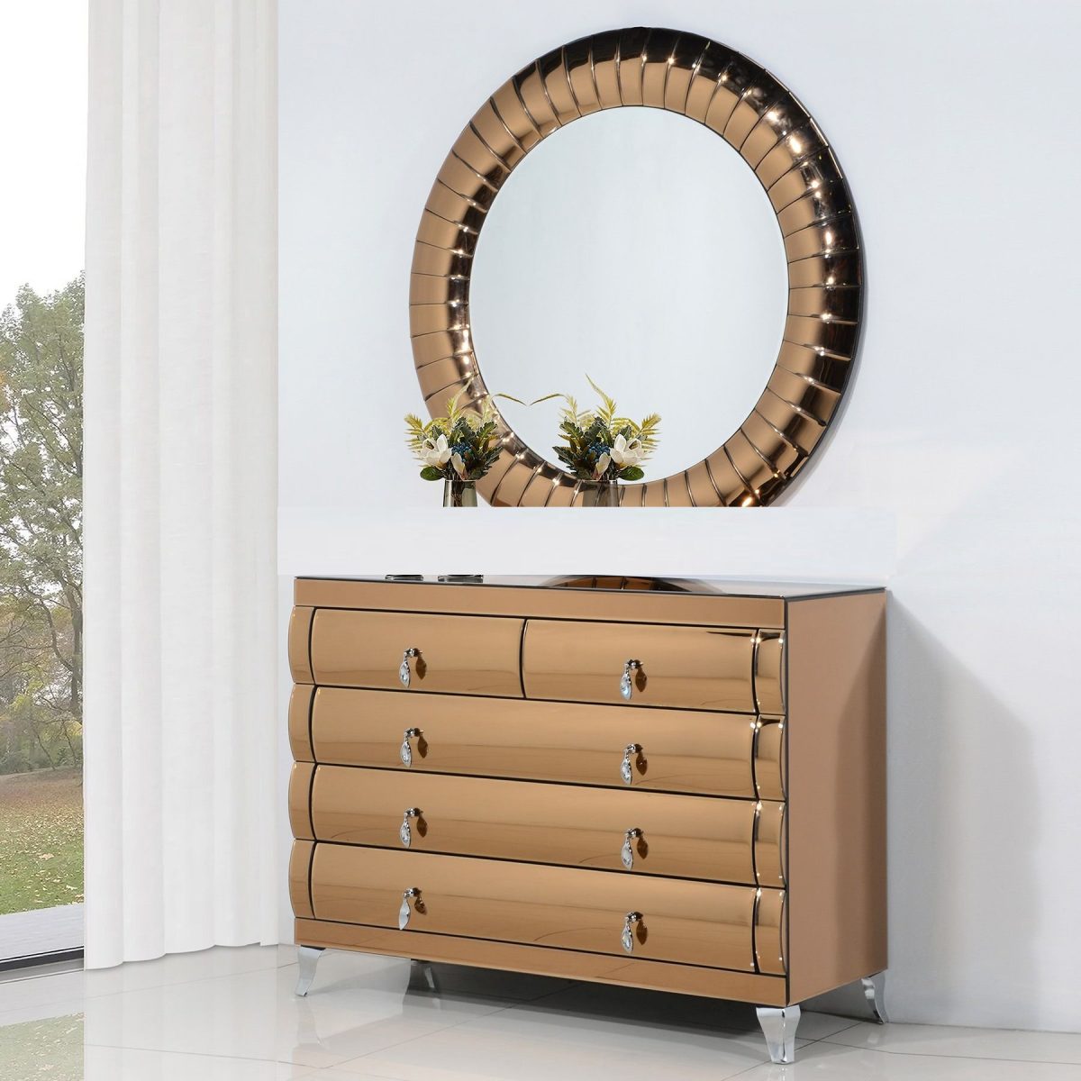 Commode 5 Tiroirs en Miroir Doré – Chic et Moderne avec Pieds Argentés – Image 2