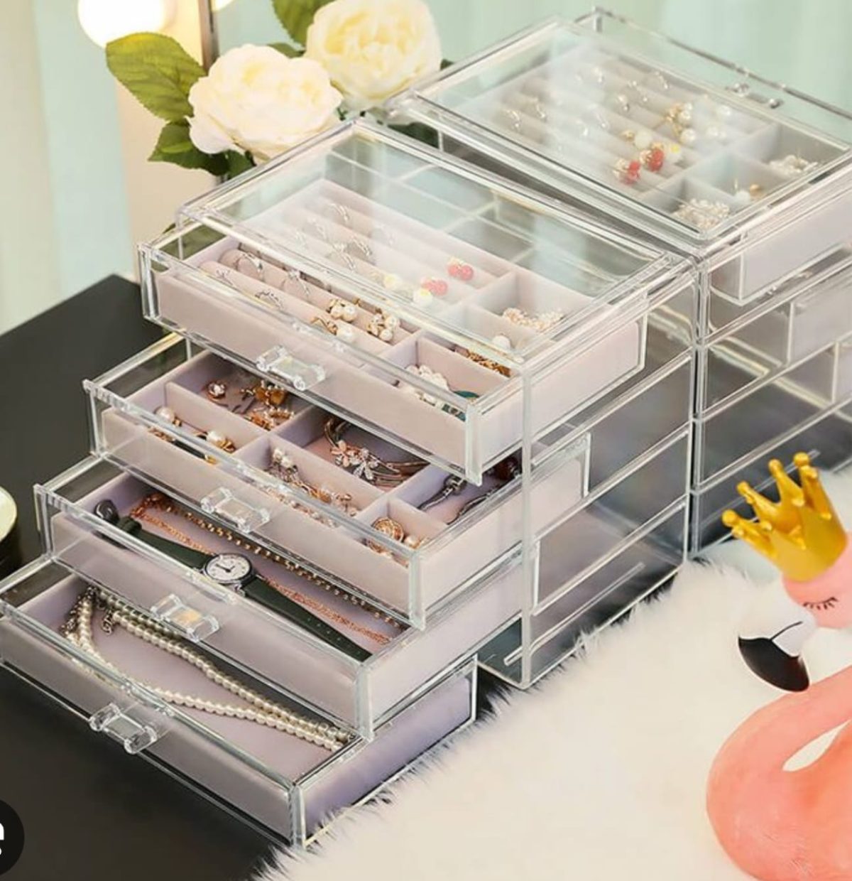Boîte à bijoux Organisateur de bijoux Rangement de bijoux de grande capacité avec panneau en verre transparent Organisateur de rangement de cloison Collier Boucle d'oreille – Image 5