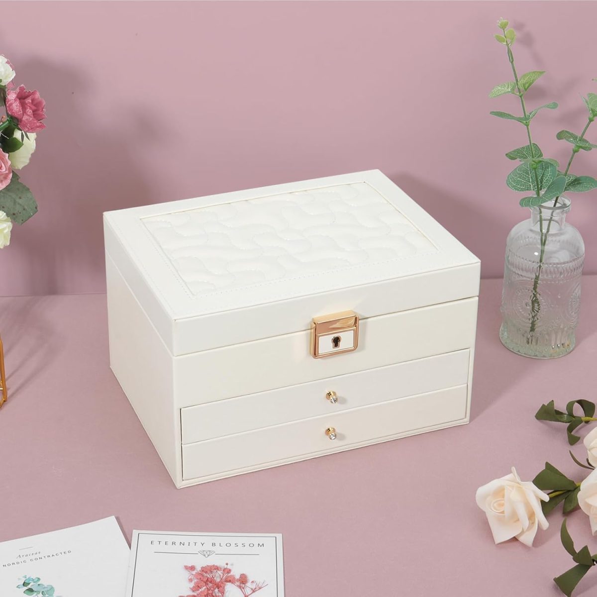 DesignSter Boîte à bijoux, Organisateur de bijoux avec 2 tiroirs, Boîte de rangement de bijoux en cuir à 3 couches avec serrure, Coffret à Bijoux pour... – Image 1