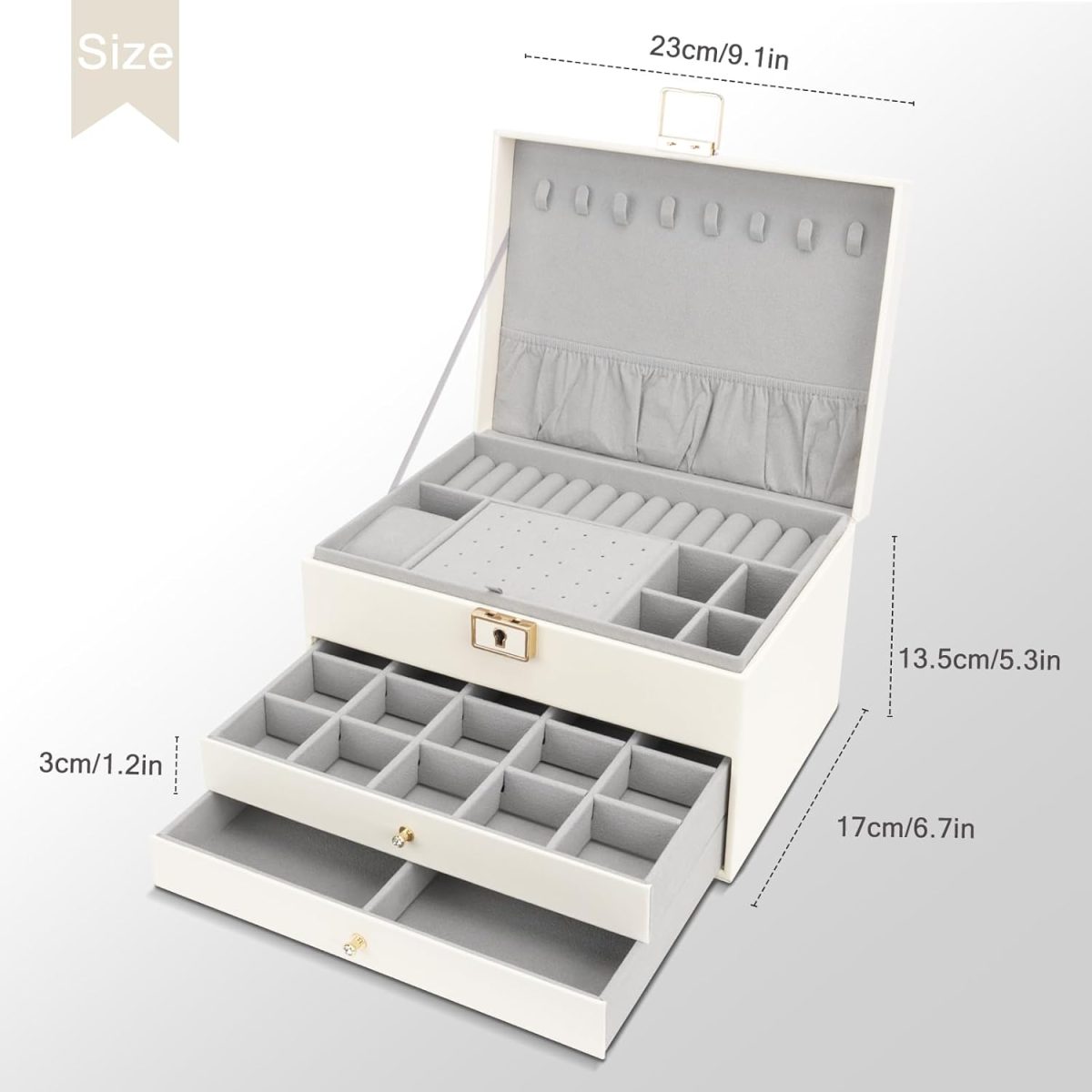 DesignSter Boîte à bijoux, Organisateur de bijoux avec 2 tiroirs, Boîte de rangement de bijoux en cuir à 3 couches avec serrure, Coffret à Bijoux pour... – Image 2