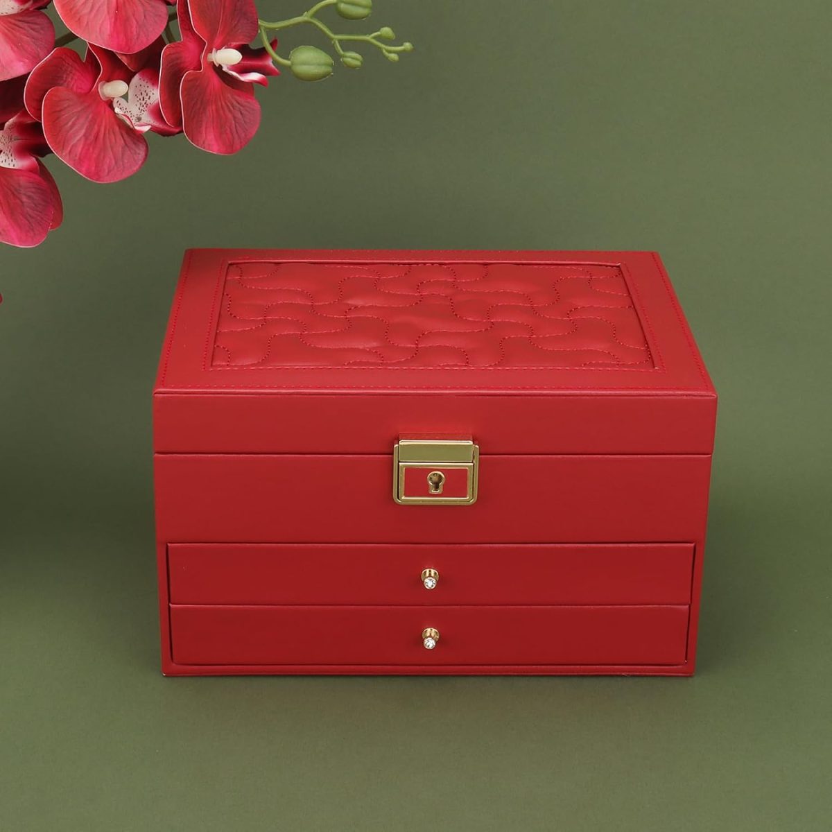 Boîte à bijoux, Organisateur de bijoux avec 2 tiroirs, Boîte de rangement de bijoux en cuir à 3 couches avec serrure – Image 1