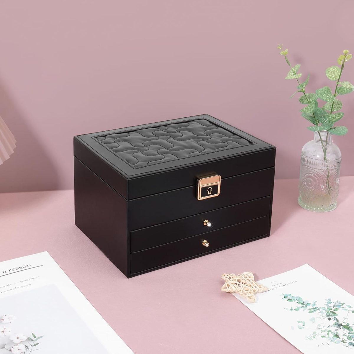 Boîte à Bijoux Multifonctionnelle Élégante en Similicuir Noir avec Finitions  Dorées – Image 1