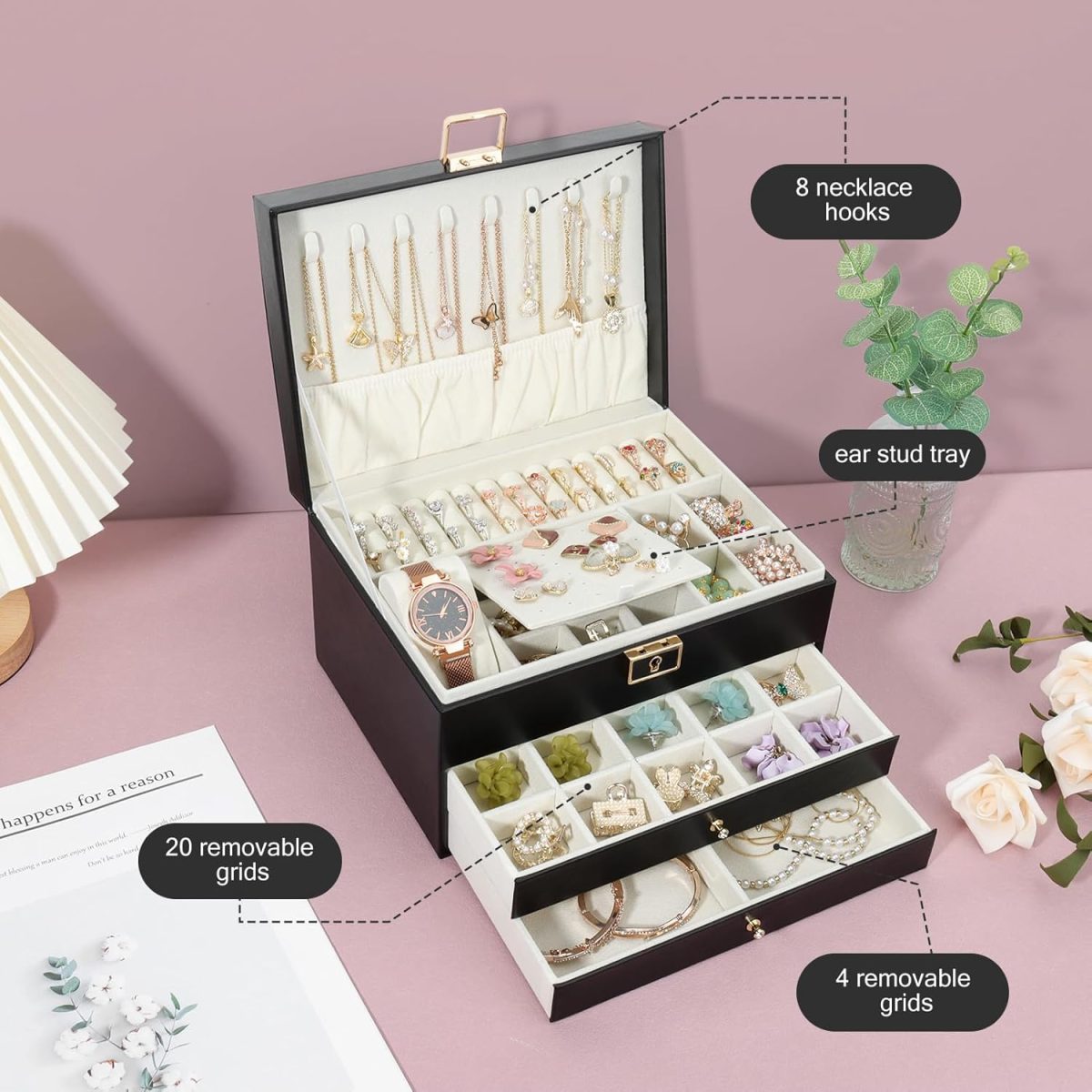 Boîte à Bijoux Multifonctionnelle Élégante en Similicuir Noir avec Finitions  Dorées – Image 4