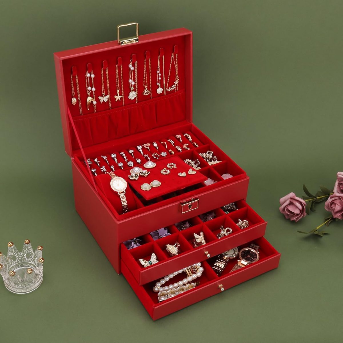 Boîte à bijoux, Organisateur de bijoux avec 2 tiroirs, Boîte de rangement de bijoux en cuir à 3 couches avec serrure – Image 3