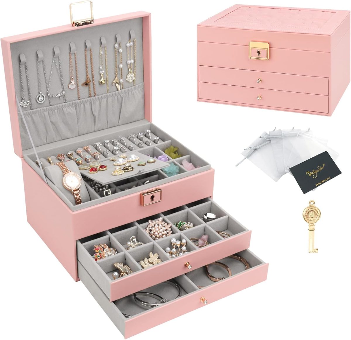 Boîte à Bijoux Multifonctionnelle en Similicuir Rose Clair avec Élégantes Finitions Dorées – Image 5