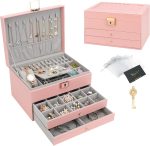 Boîte à Bijoux Multifonctionnelle en Similicuir Rose Clair avec Élégantes Finitions Dorées – Image 5