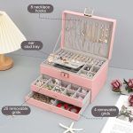Boîte à Bijoux Multifonctionnelle en Similicuir Rose Clair avec Élégantes Finitions Dorées – Image 3