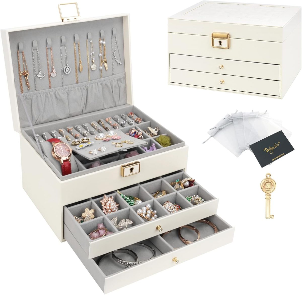 DesignSter Boîte à bijoux, Organisateur de bijoux avec 2 tiroirs, Boîte de rangement de bijoux en cuir à 3 couches avec serrure, Coffret à Bijoux pour... – Image 3