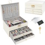 DesignSter Boîte à bijoux, Organisateur de bijoux avec 2 tiroirs, Boîte de rangement de bijoux en cuir à 3 couches avec serrure, Coffret à Bijoux pour... – Image 3