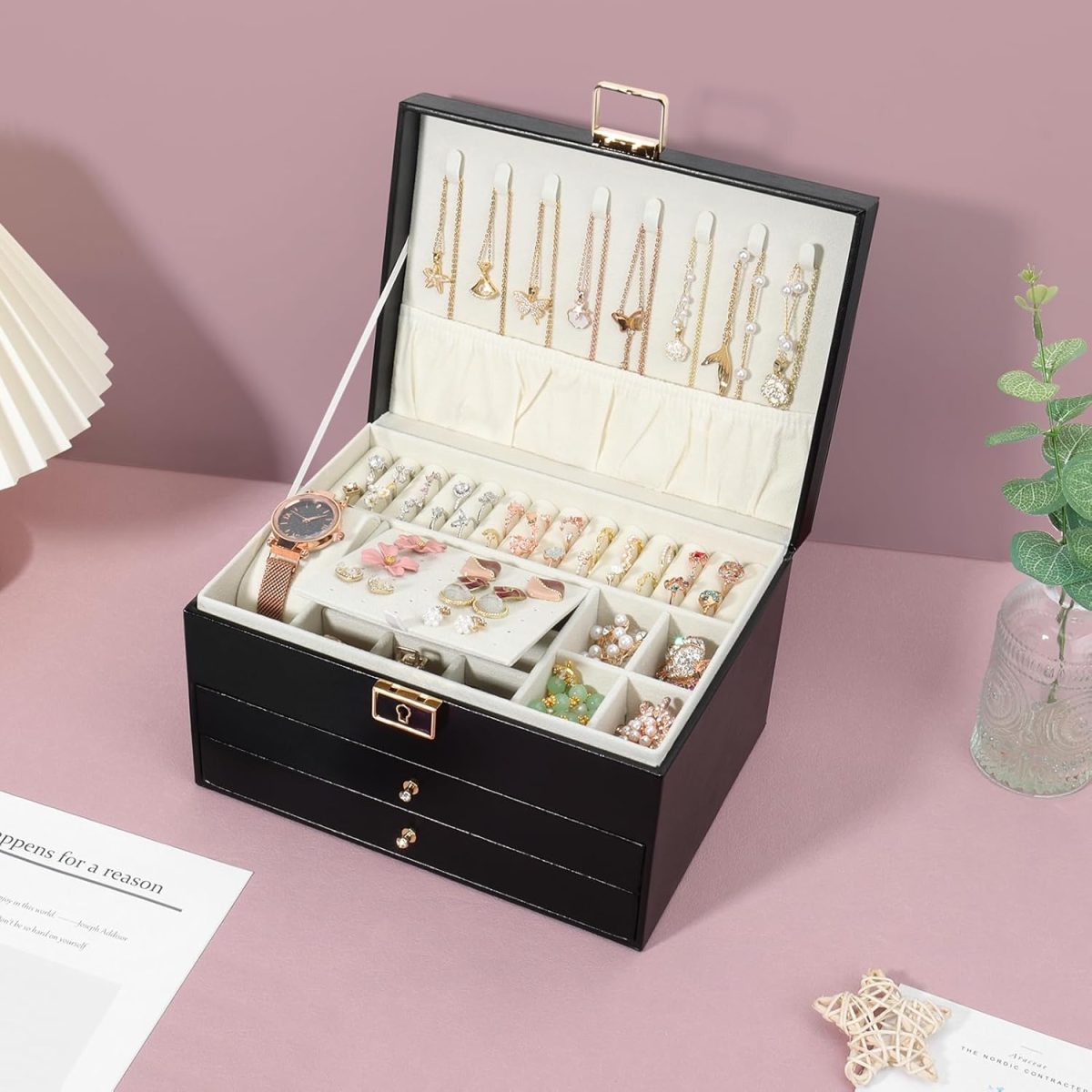 Boîte à Bijoux Multifonctionnelle Élégante en Similicuir Noir avec Finitions  Dorées – Image 6