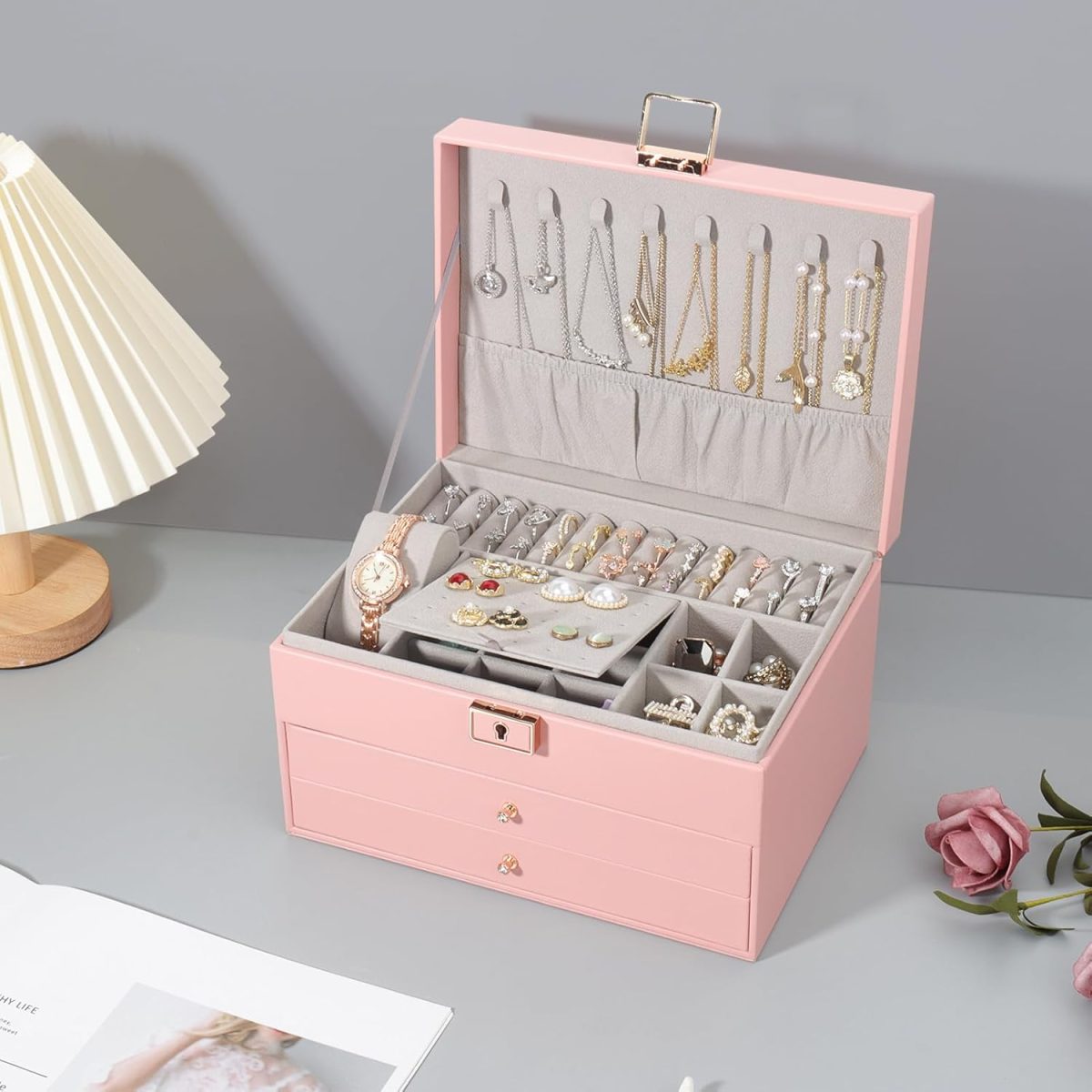 Boîte à Bijoux Multifonctionnelle en Similicuir Rose Clair avec Élégantes Finitions Dorées – Image 6