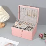 Boîte à Bijoux Multifonctionnelle en Similicuir Rose Clair avec Élégantes Finitions Dorées – Image 6